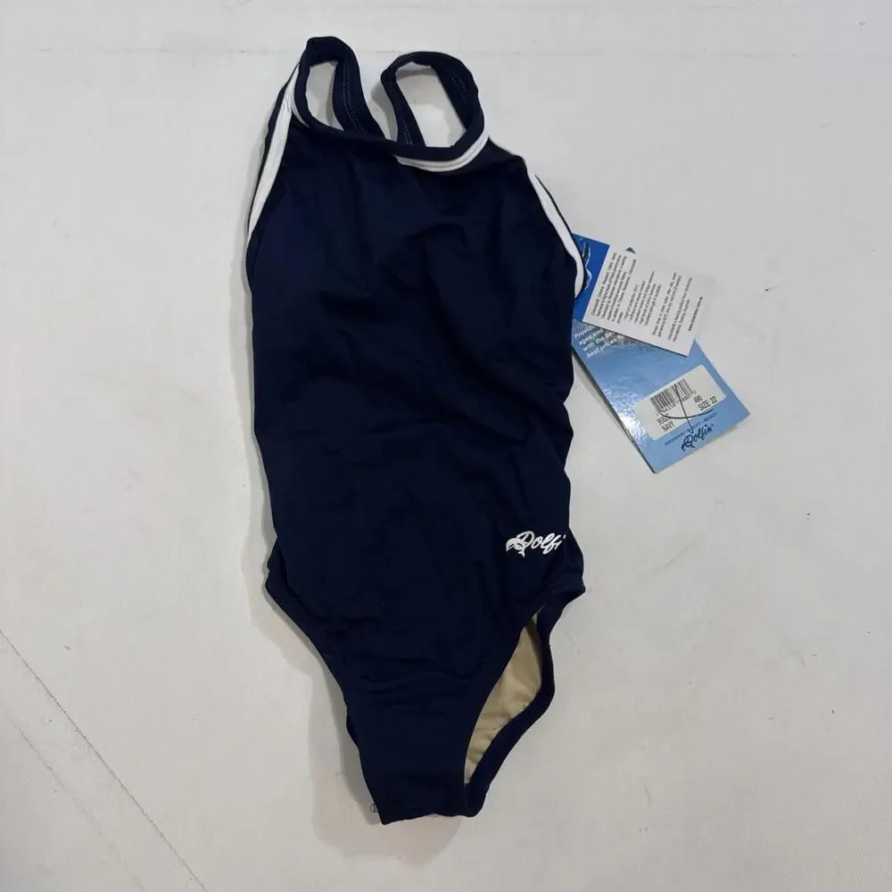 Dolphin girls‎ practice UPF 50+ Swimsuit one piece Sz 22 Navy White Stripe NWT